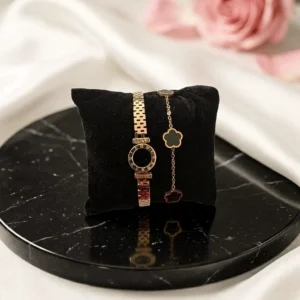 Onyx Bloom Clover Bracelet & Gold Roman Numeral Bangle